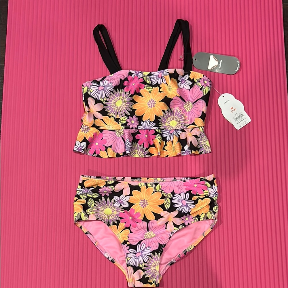 Floral Kids Swim Set - Black and Pink